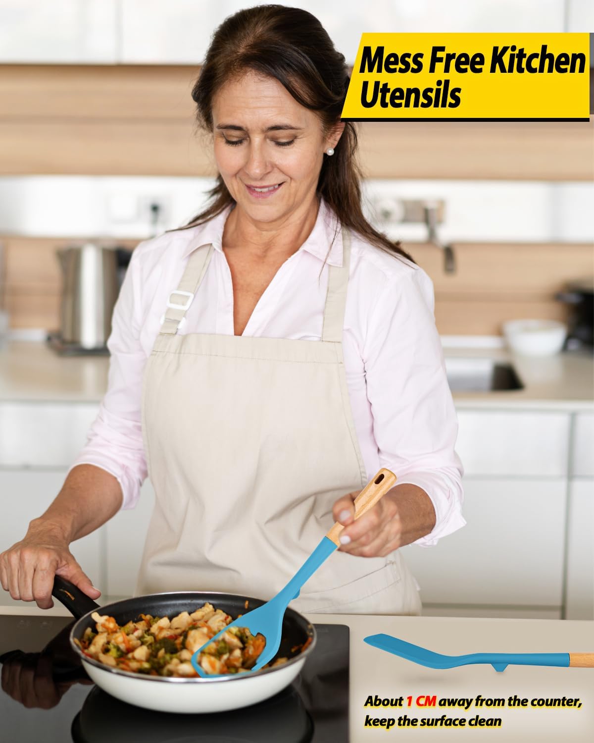 Pack of 2 Large Silicone Spatula, Heat Resistant Solid Turner, Non Stick Slotted Spatulas with Wooden Handle, Ideal Kitchen Utensils for Flipping, Pancakes, Eggs, Fish(BLUE)