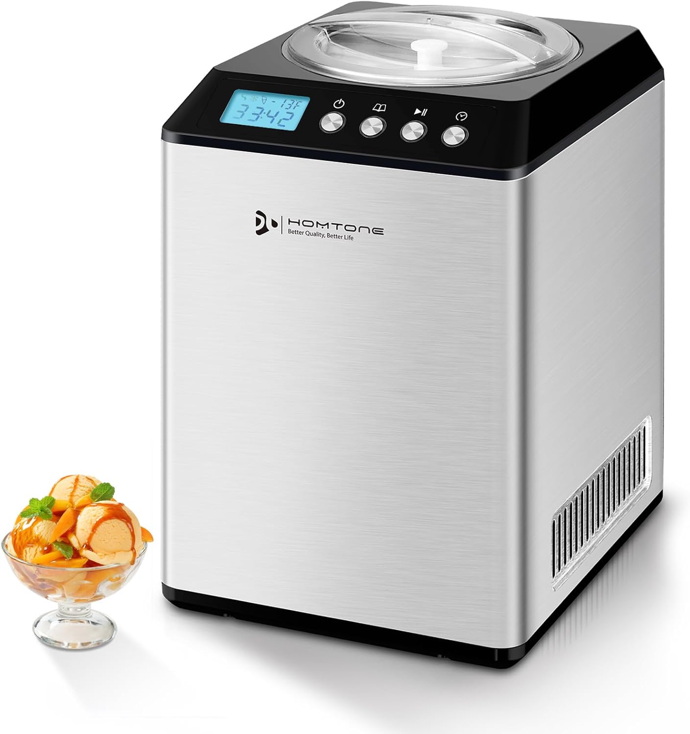 Homtone 2.64QT Ice Cream Maker with Compressor, Largest Capacity Automatic Ice Cream Maker Machine - No Pre Freezing, Gelato Maker with 3 Modes, LCD Digital Display, All Stainless Steel, 2H Keep Cool