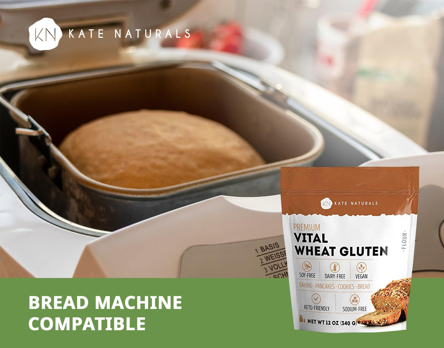 Kate Naturals Vital Wheat Gluten for Bread Making, Baking & Seitan. Compatible with Bread Machine (12oz, High Protein Flour)