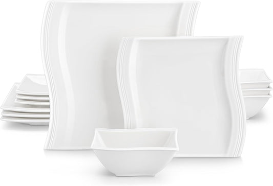 MALACASA Ivory White Dinnerware Set, 12 Pieces - Porcelain Dinner Plates, Dessert Plates and Bowls, Square Flora Pattern