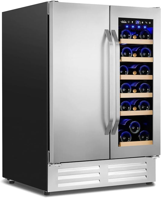 Wine and Beverage Refrigerator,24 Inch Dual Zone Wine Beverage Cooler, Built-in/Freestanding Beer and Wine Fridge with a Powerful Compressor, 20 Bottles and 88 Cans Capacity