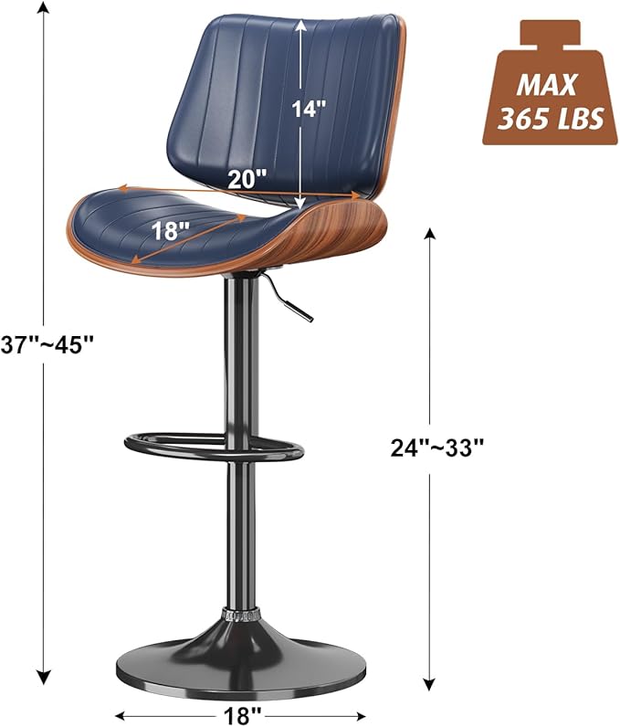 Swivel Bar Stools Set of 3, Adjustable Bentwood Barstools for Kitchen Counter, Modern PU Leather Upholstered Bar Chair with Back and Footrest, for Kitchen Island, Bar, Dining Room, Navy
