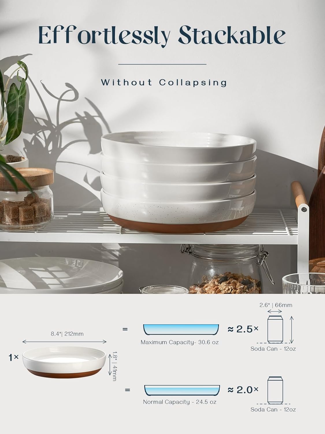 DOWAN 8.5" Pasta Bowls Set of 4 with Sesame Glaze Finish, 30oz Shallow White Ceramic Dinner Bowls, Wide Bowl Plates for Pasta, Salad, Soup & Stew, Microwave & Dishwasher Safe, Housewarming Gift