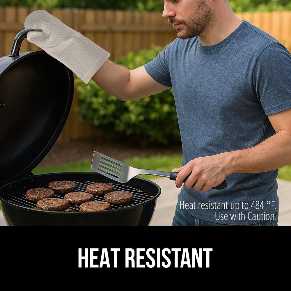 GORILLA GRIP BPA-Free Soft Silicone Oven Mitts, Heat Resistant and Waterproof Cooking Gloves, Thick Cotton Lining, Flexible Gripping for Baking Grilling, Kitchen Potholders Set of 2, 12.5x8.3, Almond