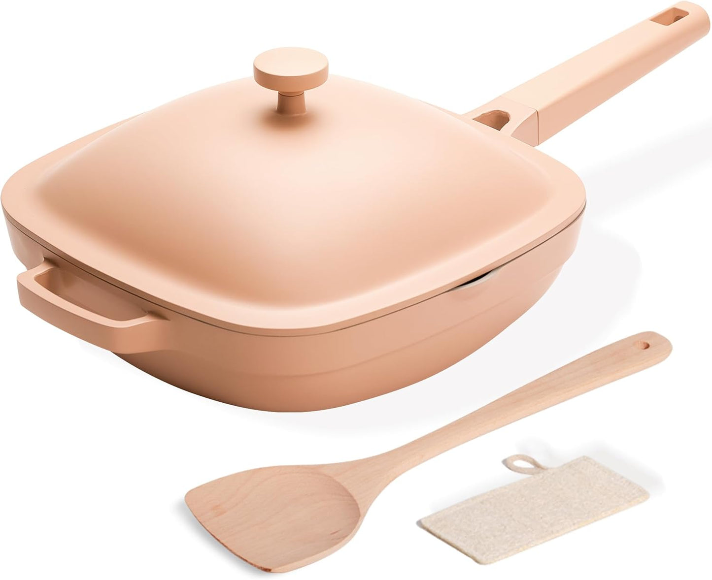 10.5 Inch(3.8QT) Deep Frying Pan,Non Stick Frying Pans Cast Aluminum,Ti-Ceramic Non Toxic Pix Pan with Lid,Natural Wooden Spatula and Loofah Scrubber-Desert Clay
