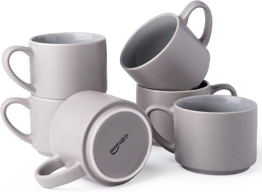 GBHOME 14 OZ Coffee Mugs Set of 6, Stackable Ceramic Mugs for Men, Women, Modern Coffee Mugs With Stable Base for Latte, Tea, Cappuccino. Dishwasher & Microwave Safe, Matte Gray