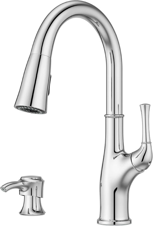 Pfister Alderwood Kitchen Faucet with Pull Down Sprayer and Soap Dispenser, Single Handle, NSF Certified, Polished Chrome Finish, F5297AWC