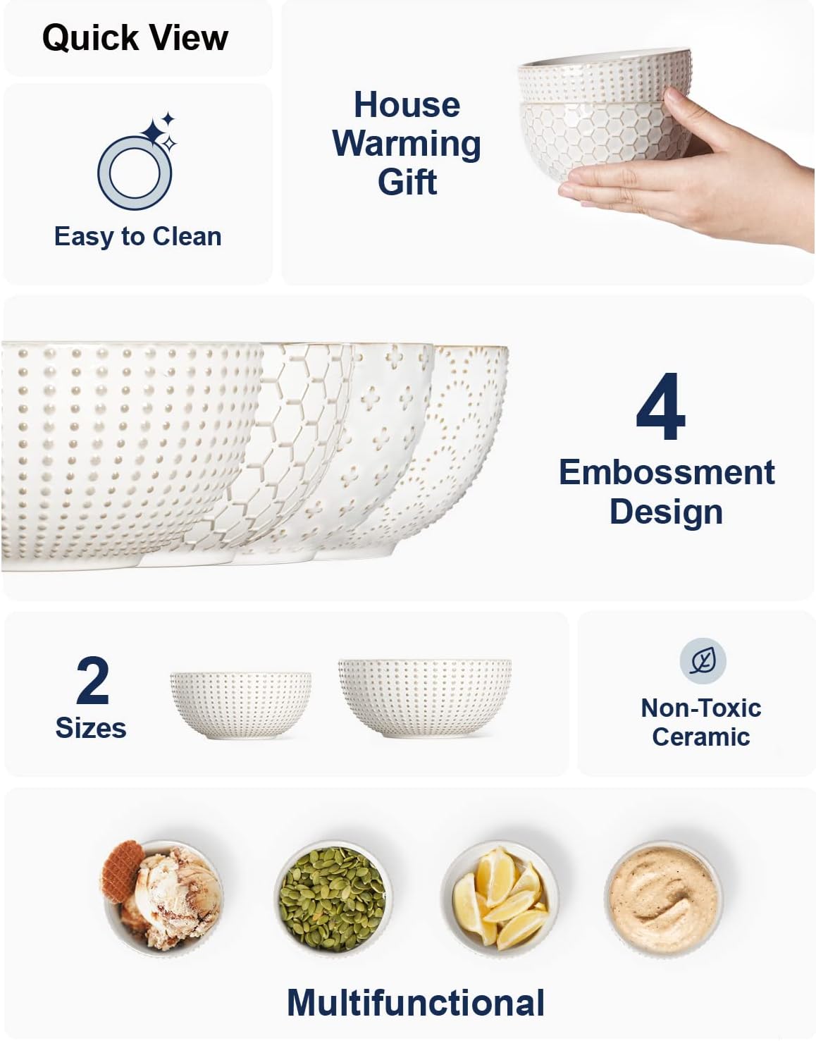 LE TAUCI Small Bowls 12 OZ, Ice Cream Bowl, Ceramic Embossment Stoneware Bowl, Bowls Set for Dessert, Fruits, Side Dishes, Suit For Housewarming - 4.5 Inch, Set of 4, Arctic white