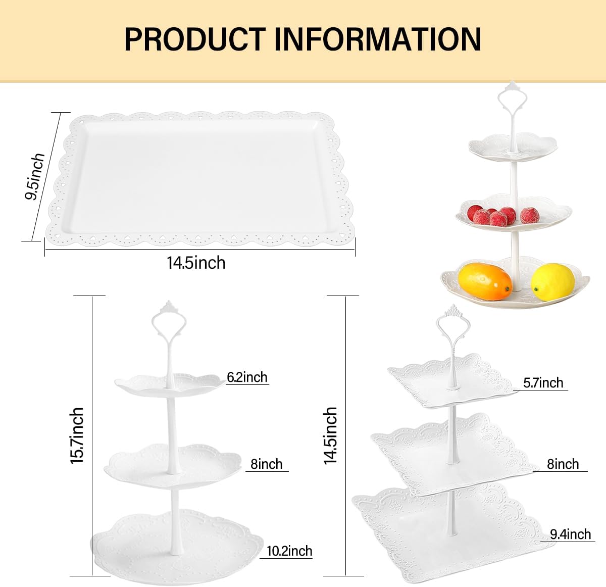10 Pcs Cake Stand White Plastic Dessert Table Display Set 4 Pcs 3 Tired Cupcake Stand Cookie Tray Rack Serving Tray Cake Display Tower and 6 Pcs Dessert Trays for Wedding Baby Shower Tea Party
