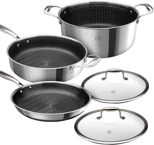 Hell's Kitchen Hybrid 5 Pc Cookware Set, Tri-Clad Stainless Steel and Nonstick Ceramic, PFAS Free, no PFOA, no PTFE, no Teflon, Non Toxic Cookware, Metal Utensil Safe, All Cooktops and Oven Safe