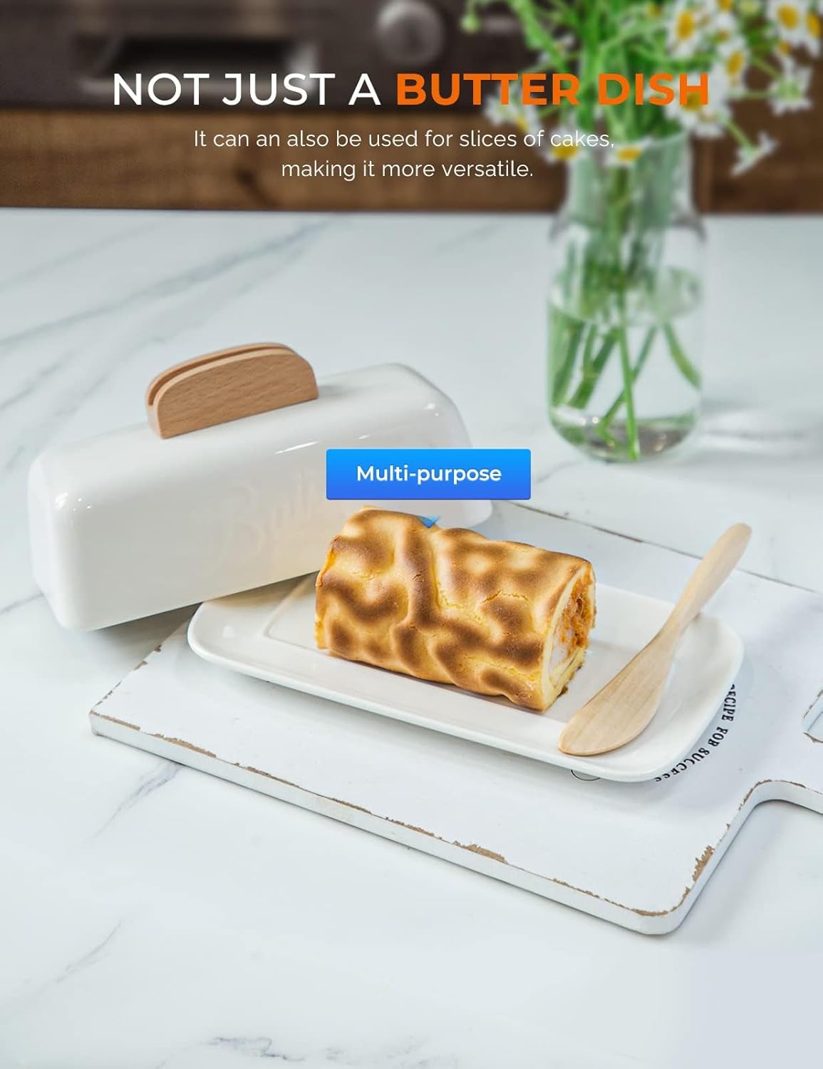 Butter Dish with Lid and Knife Ceramic Butter Holder for Counter Humanized Clamp-able Knife Handle Design, Perfect for East West Coast Butter, White