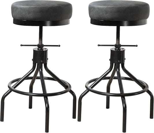 Grey Swivel Bar Stools Set of 2 Adjustable Swivel Round Barstools Modern PU Leather 28inch Industrial Backless Counter Height Stool Bar Chair for Kitchen Island (2, Grey)