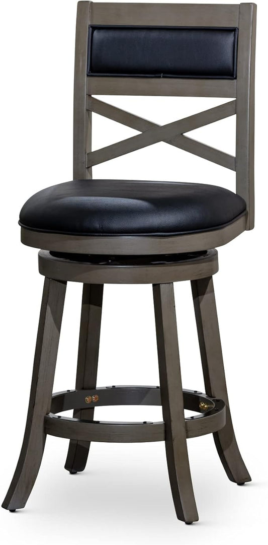 DTY Indoor Living Meeker X Back Fabric Swivel Stool, 30” Bar Height, Weathered Grey Finish, Black Leather Seat