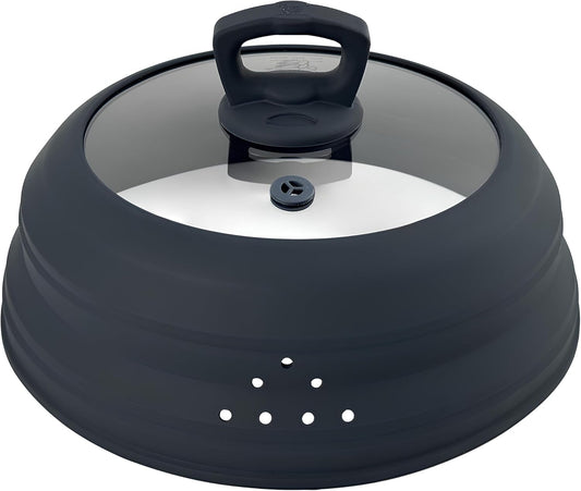 Microwave Splatter Cover Collapsible Silicone & Tempered Glass 10.8 Inch Microwave Cover for Food Splatter Guard with Steam Vents Dishwasher Safe Fits Bowls, Plates & Pots (Gray)