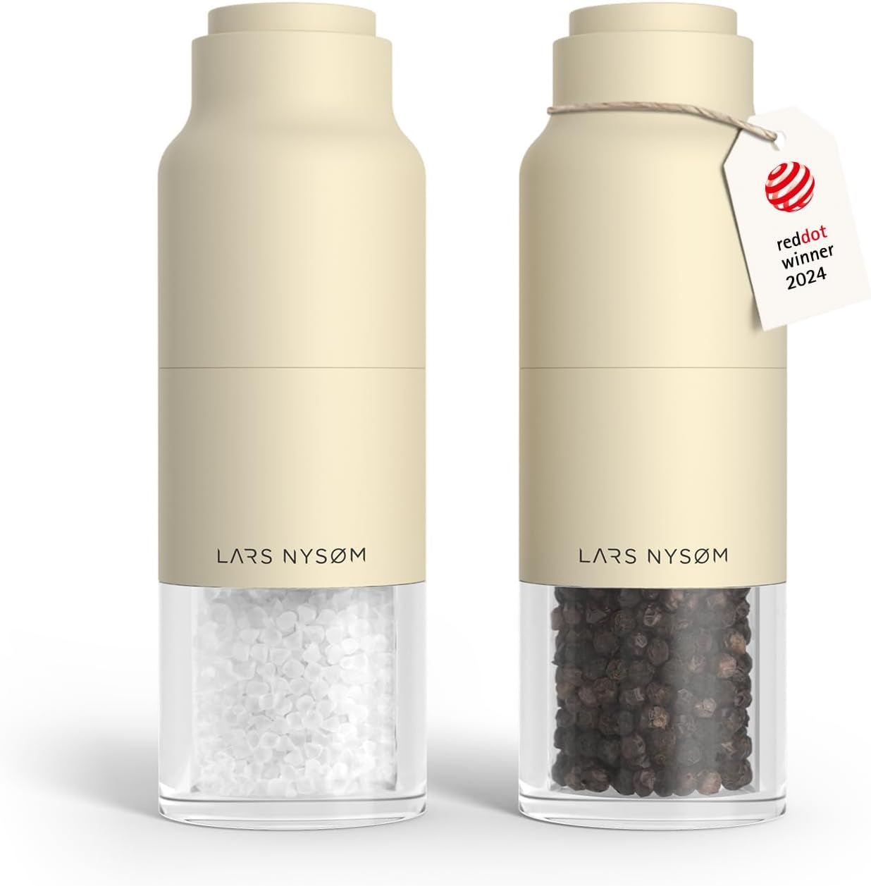 LARS NYSØM Salt and Pepper Grinder Set, Stainless Steel Manual Salt and Pepper Mills, Adjustable Ceramic Grinder, Design Spice Shakers (Almond Beige)