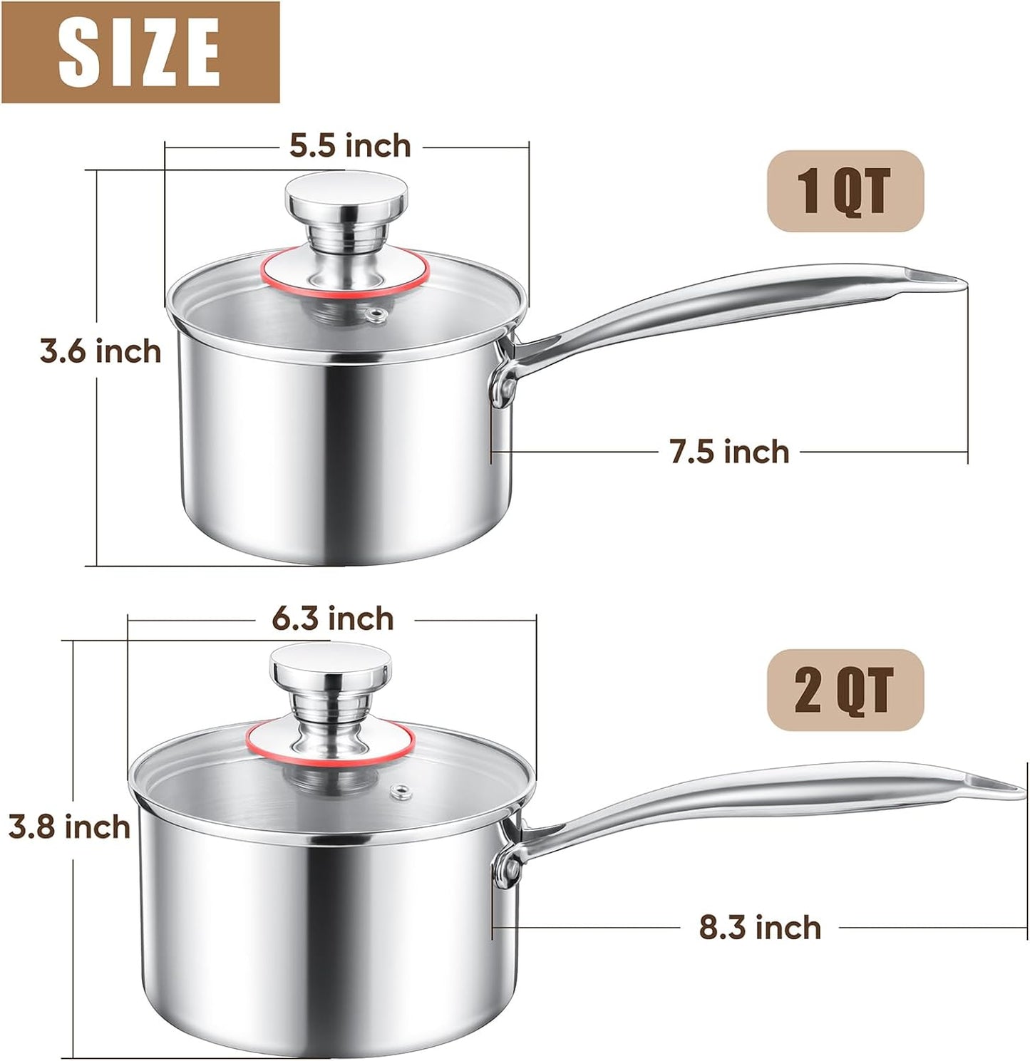 E-far Stainless Steel Saucepan Set - 1Qt & 2 Qt, Triply Sauce Pan Pot with Lid for Cooking Pasta Warming Milk Boiling Water, Small Metal Cookware for Kitchen, Induction Ready & Heavy Duty