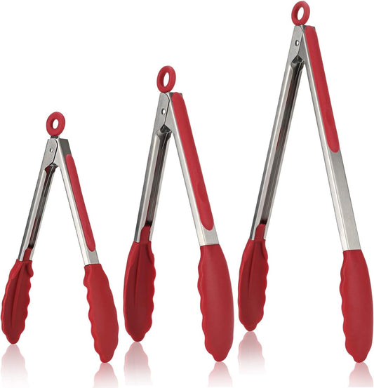 U-Taste Kitchen Tongs, 7/9/12 inches Cooking Tongs, with 480ºF High Heat-Resistant Non-Stick Silicone Tips, 18/8 Stainless Steel Handle, for Food Grill, Salad, BBQ, Frying, Serving, Pack of 3 (Red)
