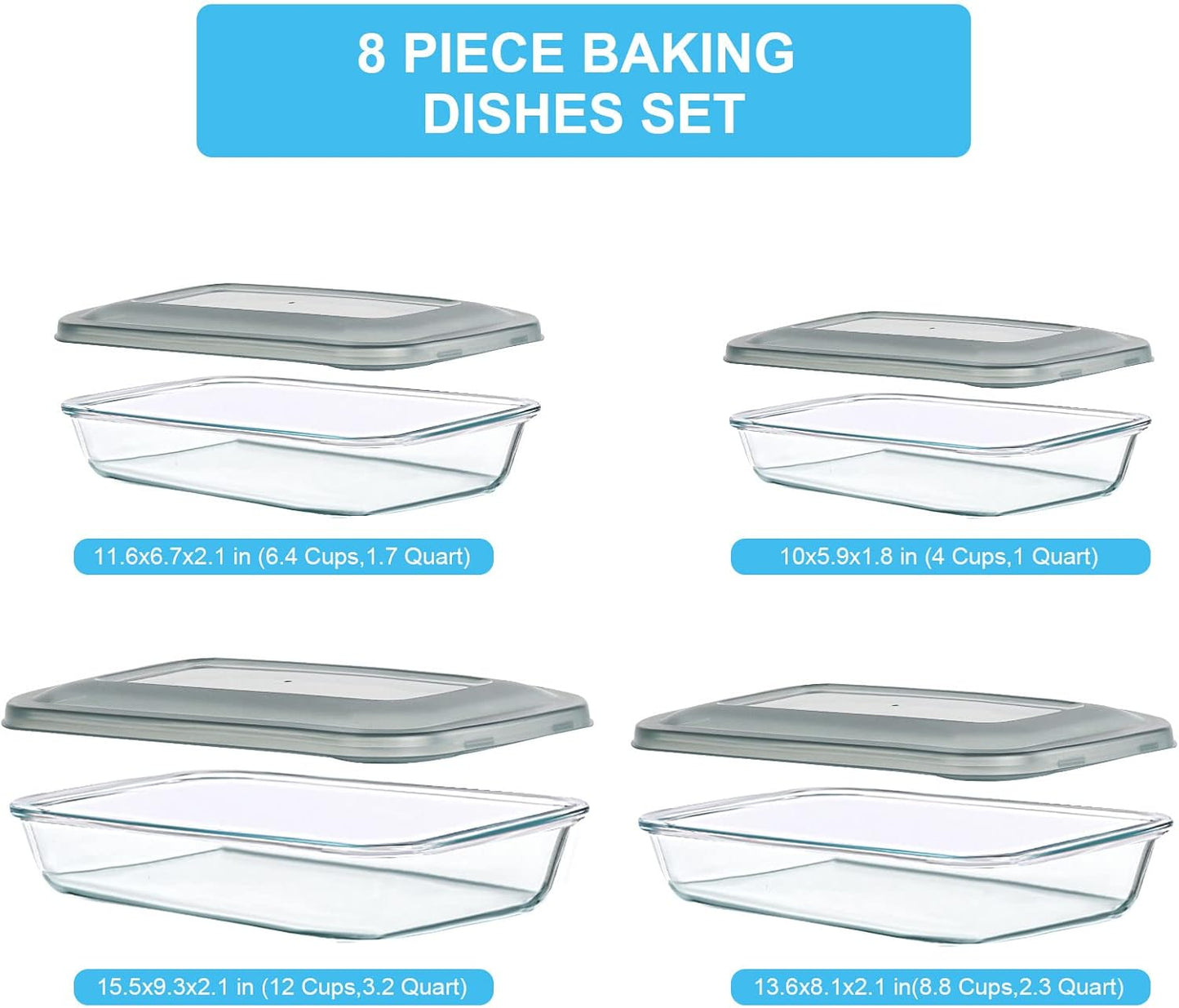 KOMUEE 8 Pieces Glass Baking Dish with Lids Rectangular Glass Baking Pan Bakeware Set with Lids, Baking Pans for Lasagna, Leftovers, Cooking, Kitchen, Fridge-to-Oven, Gray