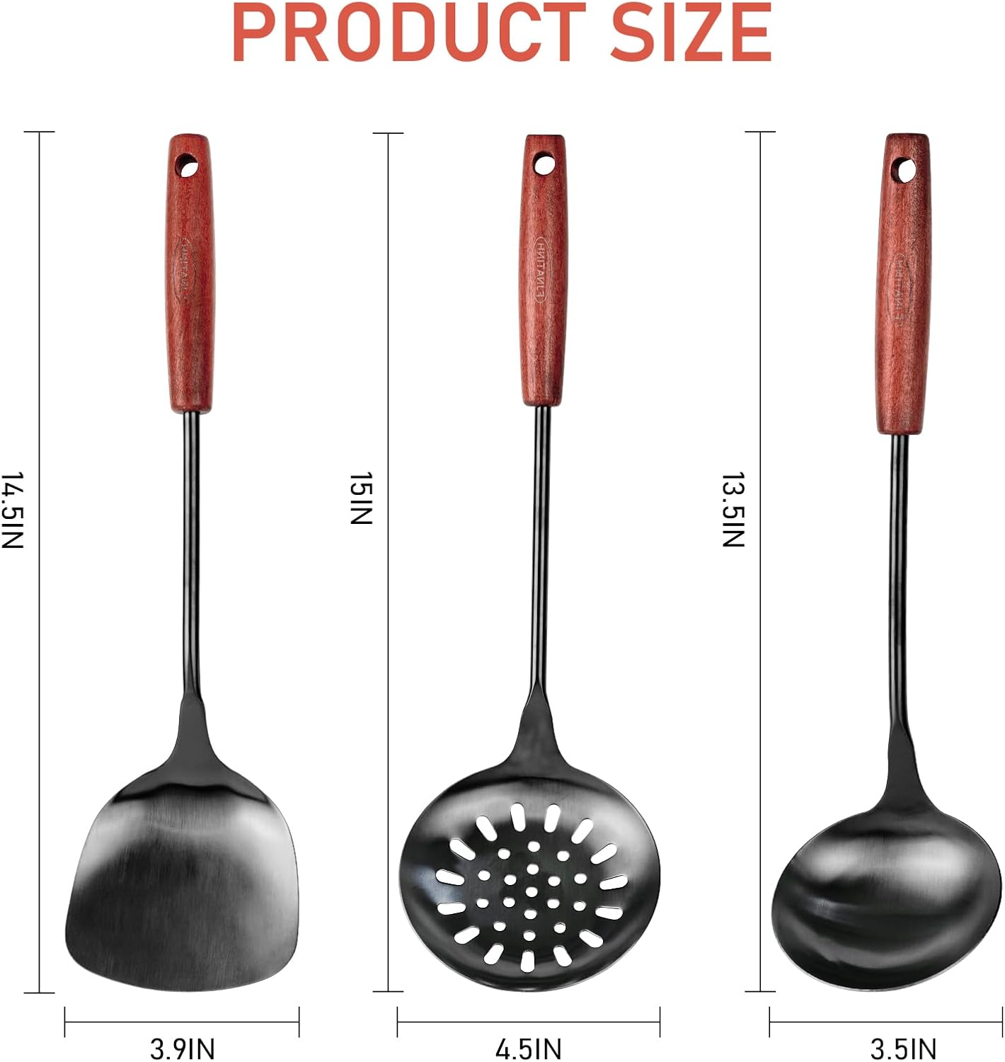 FJNATINH Wok Spatula and Ladle,Skimmer Ladle Tool Set, 17inches Spatula for Wok, 304 Stainless Steel Wok Spatula,Black
