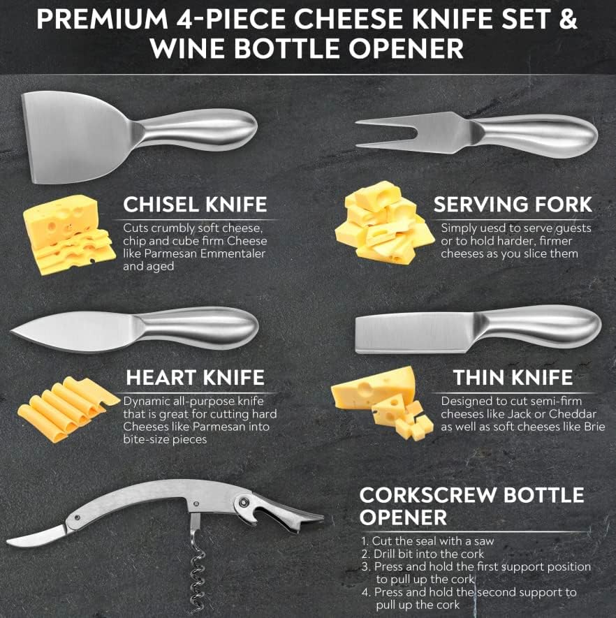 Handcrafted Italian Olive Wood Cheese & Charcuterie Board Set with Unique Black Resin Artwork - Cutting Board Comes with 4 Cheese Knives, 2 Dipping Bowls & Corkscrew Wine Opener (Black)