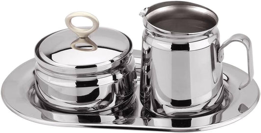 Regent OVATION Stainless Steel Sugar and Creamer Set on Tray Creamer and Sugar Bowl Set Stainless Steel Latte Milk Cup Cream Jug and Sugar Bowl Tray for Coffee Serving Set Frothing Milk
