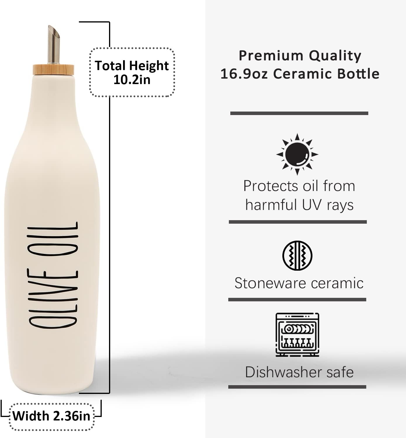 HOMCDALY Ceramic Olive Oil Dispenser for Kitchen, Stoneware 16oz Oil Cruet and Vinegar Bottles Dispenser, Kitchen Dispenser Bottle for EVOO Vinegar Syrups, Modern Farmhouse Design(W-O)