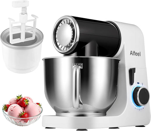 Aifeel Stand Mixer,6.5QT Kitchen Electric Mixer with 2QT Ice Cream Maker Bowl, 6 in 1 Multifunctional Bread Dough Mixer with Dough Hook,Wire Whip & Beater (Black-White)