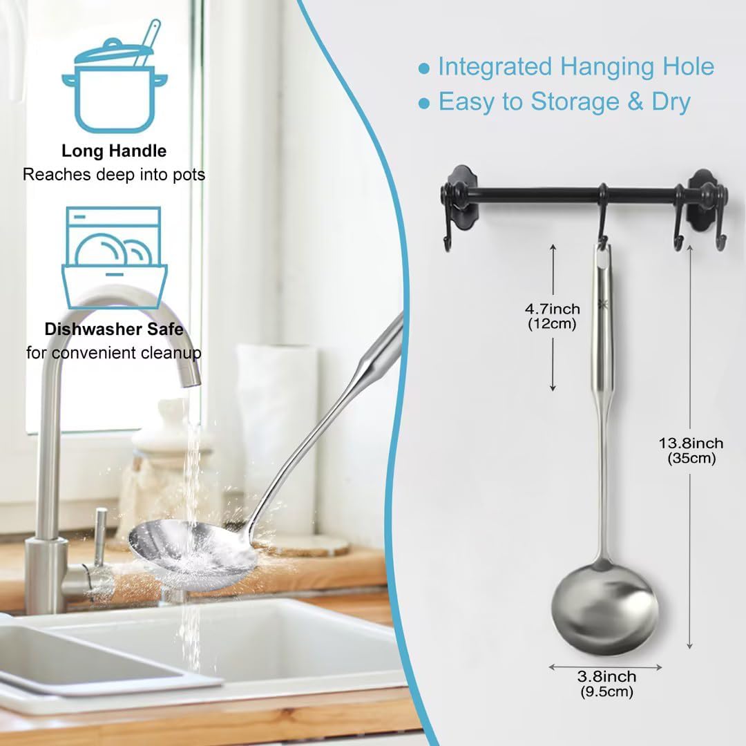 Soup Ladle - Stainless Steel Ladle Spoon，13.8" Large Durable Metal Ladel for Serving or Cooking, Stirring, Wok & Soup, Professional Heavy Duty kitchen Utensils [Heat Resistance, Integral Forming]