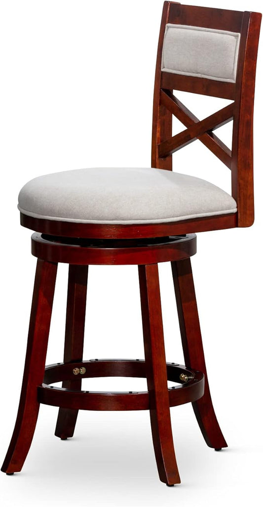 DTY Indoor Living Meeker 24 Inch Counter Height Bar Stools with Backs - Wooden Swivel Counter Stools for Kitchen Island - Beige Fabric Seat, Solid Wood Frame, Cherry Finish