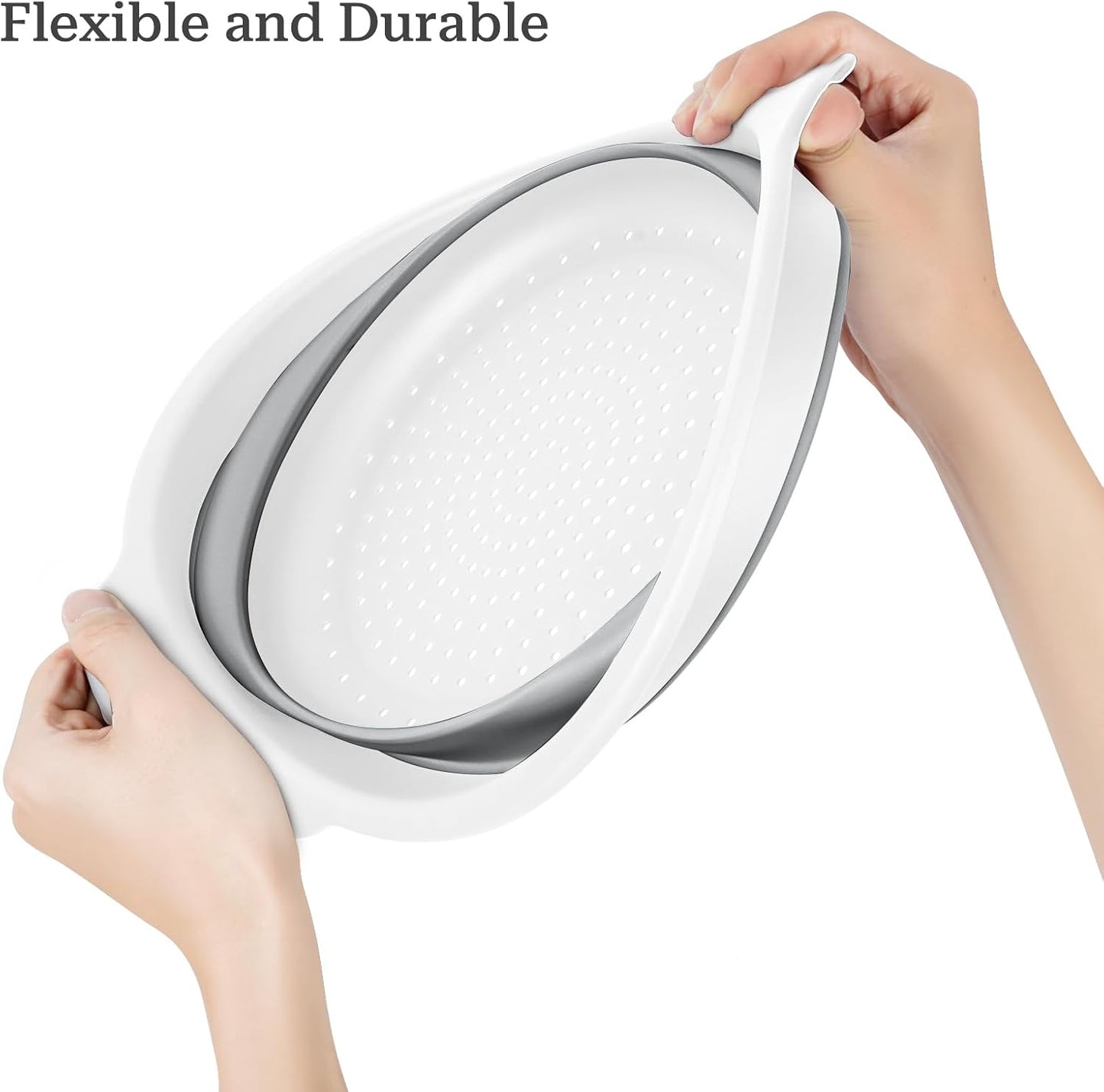 Collapsible Colander 3-Pack Set Space-Saving Foldable Kitchen Strainer with Non-Slip Base Durable Thickened PP+TPE Collapsible Strainers for Pasta, Vegetables, Fruits (Gray-White)