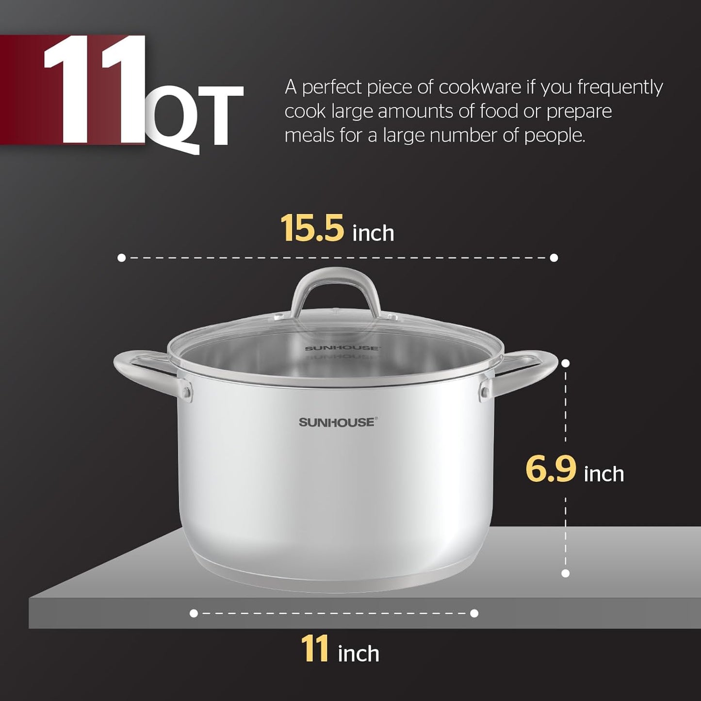 Sunhouse Stainless Steel Stock Pot - 11 Quart Heavy-Duty Induction Cooking Pot with Visible Lid for Pasta, Soup, Spaghetti - Nonstick Thick-Bottom Deep Stockpot for Canning, Boiling, and Simmering