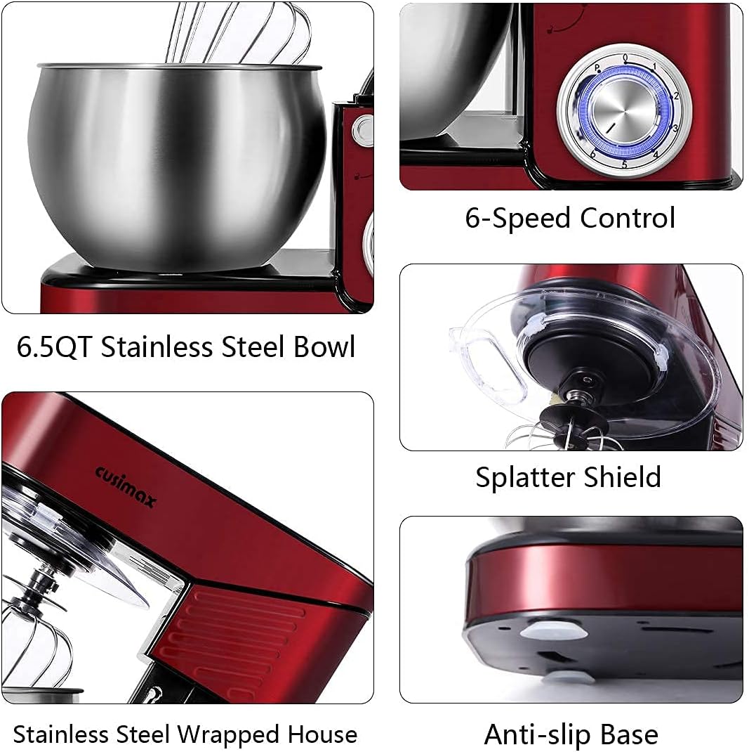 Stand Mixer, CUSIMAX 6.5QT Stainless Steel kitchen Electric Mixer 6-Speeds Tilt-Head Dough Mixers for Home Use with Dough Hook, Wire Whisk & Flat Beater, Splash Guard, Red