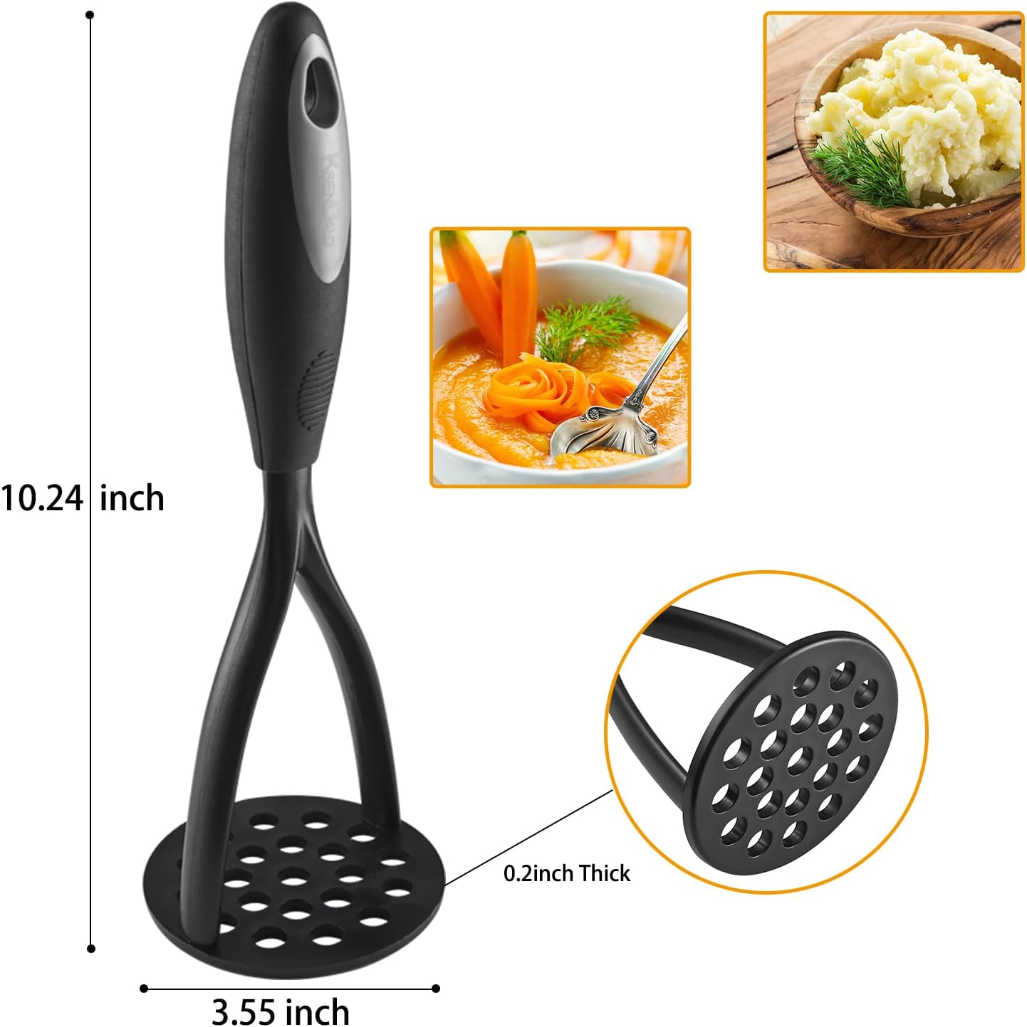 KSENDALO Potato Masher Kitchen Tool,Nonstick Bean Smasher Food Masher with Thick Nylon Blade and Rubber Wrapped Comfortable Handle,Hand Wash, Black