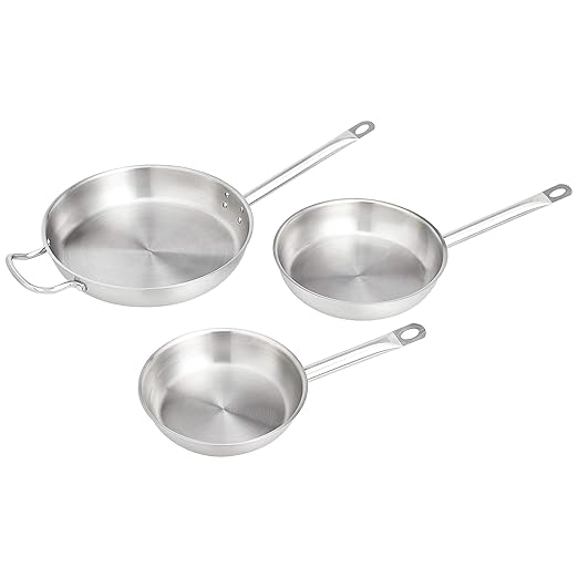 Amazon Basics 3-Piece Stainless Steel Aluminum-Clad Fry Pan Set with 8", 9 1/2", and 12" (Previously AmazonCommercial brand)