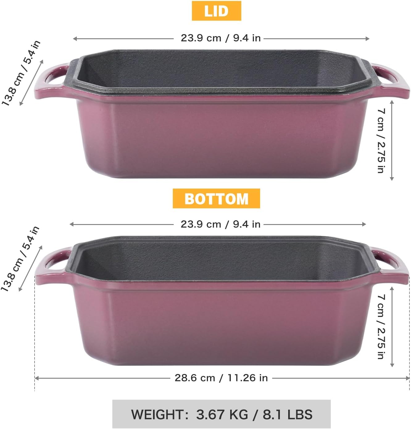 Bread Pan Cast Iron Loaf Pan with Lid Bread Loaf Pan 9x5 Inch Loaf Pan Enameled Cast Iron Sourdough Loaf Pan, Magenta