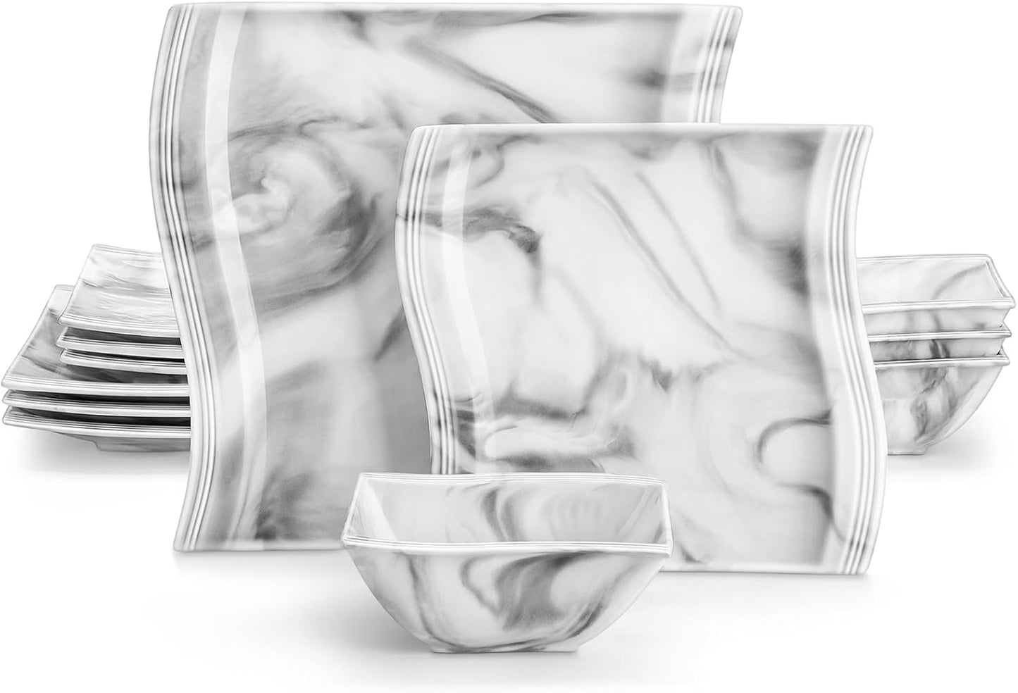 MALACASA Plates and Bowls Sets, 12 Pieces Modern Porcelain Dinnerware Sets for 4, Marble Dishware Set Kitchen Dining Ware Set, Square Ceramic Dish Set, Microwave and Dishwasher Safe, Series Flora