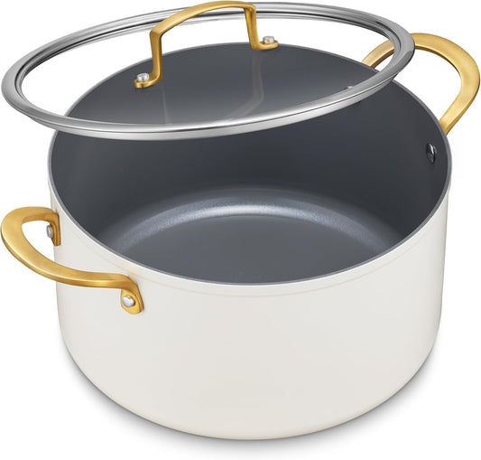 BEZIA 6 Quart Stock Pot with Lid，Ceramic Nonstick Cooking Pot，Soup Pot with Stainless Steel Handle, Tempered Glass Lid, Induction Compatible for Pasta, Soup, Spaghetti，Dishwasher Safe, Cream