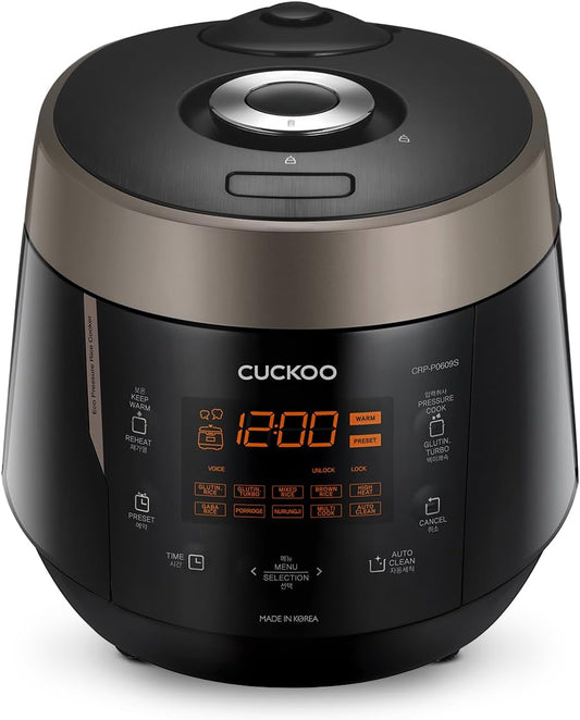 CUCKOO CRP-P0609S 6-Cup (Uncooked) / 12-Cup (Cooked) High Pressure Rice Cooker & Warmer with Nonstick Inner Pot, 12 Menu Options, Fuzzy Logic Tech, 3 Voice Guide, Auto Clean (Black/Copper)