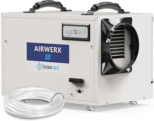 BaseAire Crawlspace Dehumidifier,113 Pints Commercial Dehumidifiers with Drain Hose for Whole House Basement, Industry, Compact, Auto Defrost, Memory Starting, Up to 1200 Sq Ft