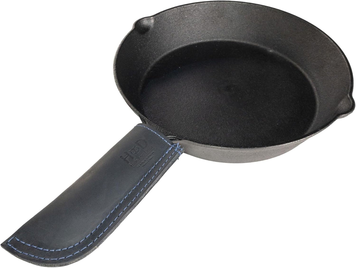 Hide & Drink, Full Grain Leather Hot Handle, Cast Iron Protector, Panhandle Potholder, Double Layered, Double Stitched, Slides On/Off Easily onto Metal Skillet Grips, Handmade, Slate Blue