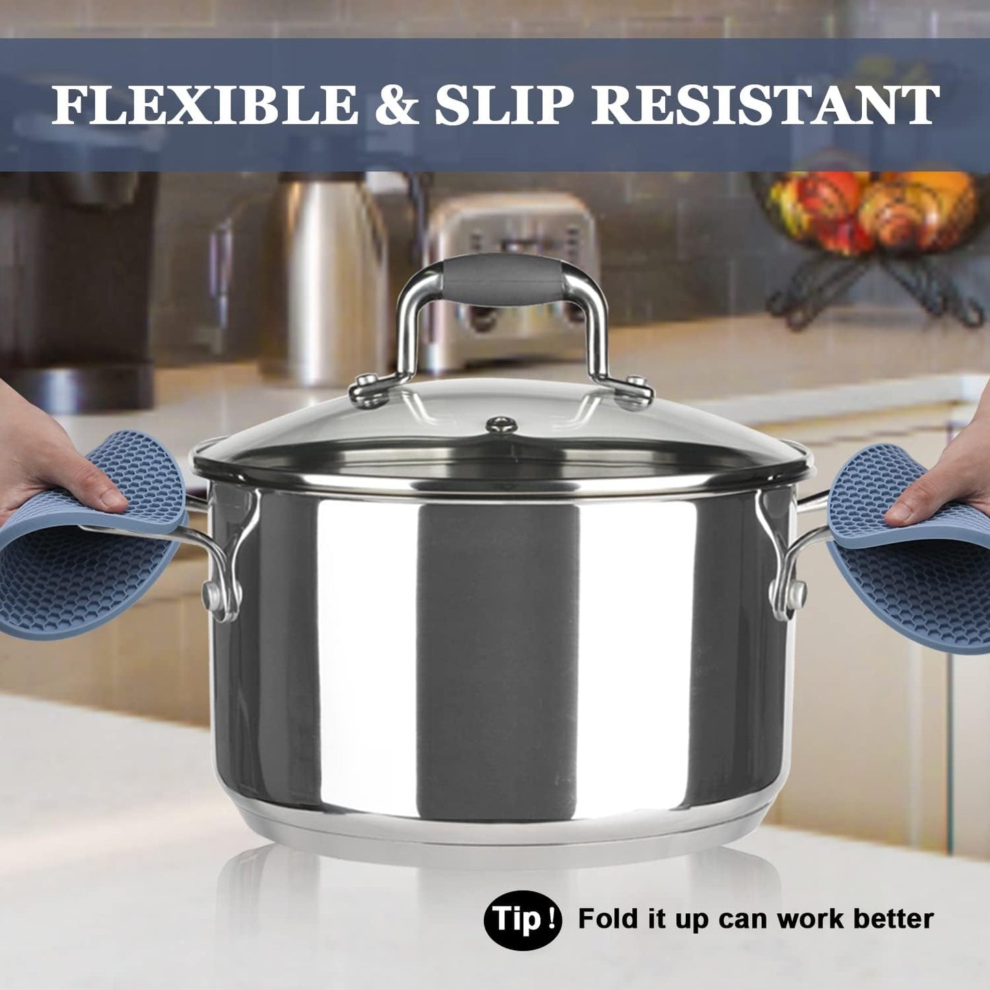 Silicone Trivets for Hot Dishes, Multi-Purpose Pot Holders 4PCS 2 Sizes 7 Inch & 9 Inch, Heat Resistant Non-Slip Silicone Trivet Mats Hot Pads for Kitchen Counter, Trivet for Hot Pots and Pans (Blue)