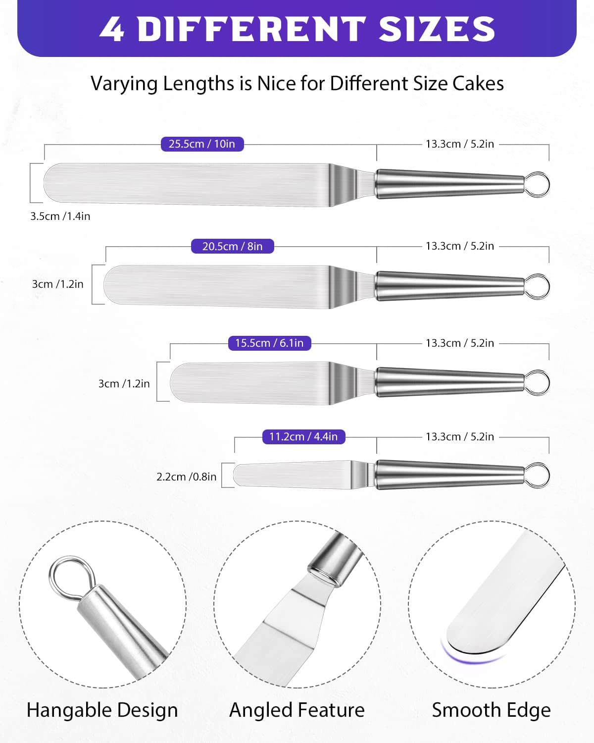Offset Icing Spatula, Cake Angled Spatula Set with 4, 6, 8 & 10 Inch Blades, Stainless Steel Handle Suitable for Home, Kitchen or Bakery