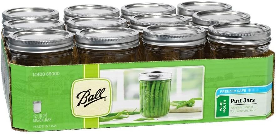 Ball Wide Mouth Pint 16-Ounce Glass Mason Jar with Lids and Bands, 12-Count