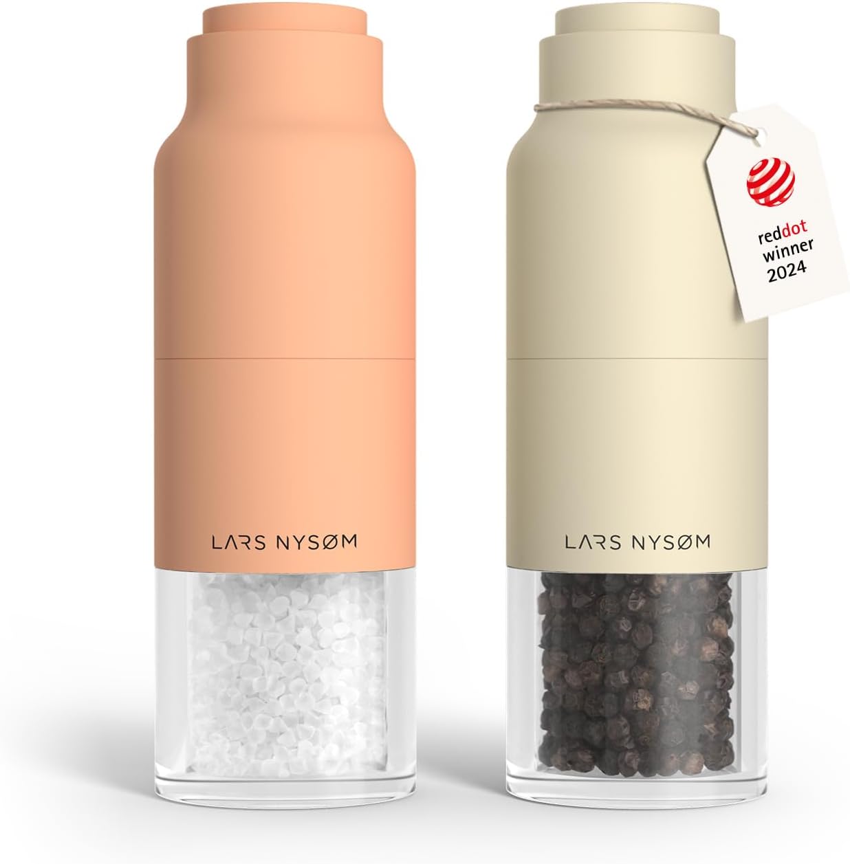 LARS NYSØM Salt and Pepper Grinder Set, Stainless Steel Manual Salt and Pepper Mills, Adjustable Ceramic Grinder, Design Spice Shakers (Peach/Beige)