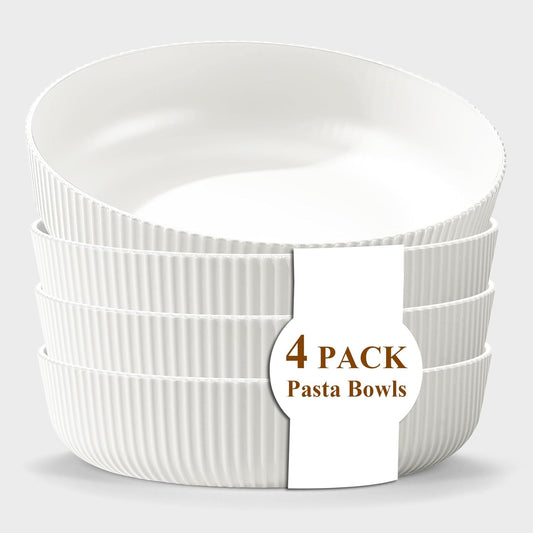 Kyraton Pasta Bowls Set of 4, 37oz Salad Bowls White Soup Bowls Large Pasta Serving Bowl Plastic Unbreakable Serving Dishes Dinner Bowls (White)