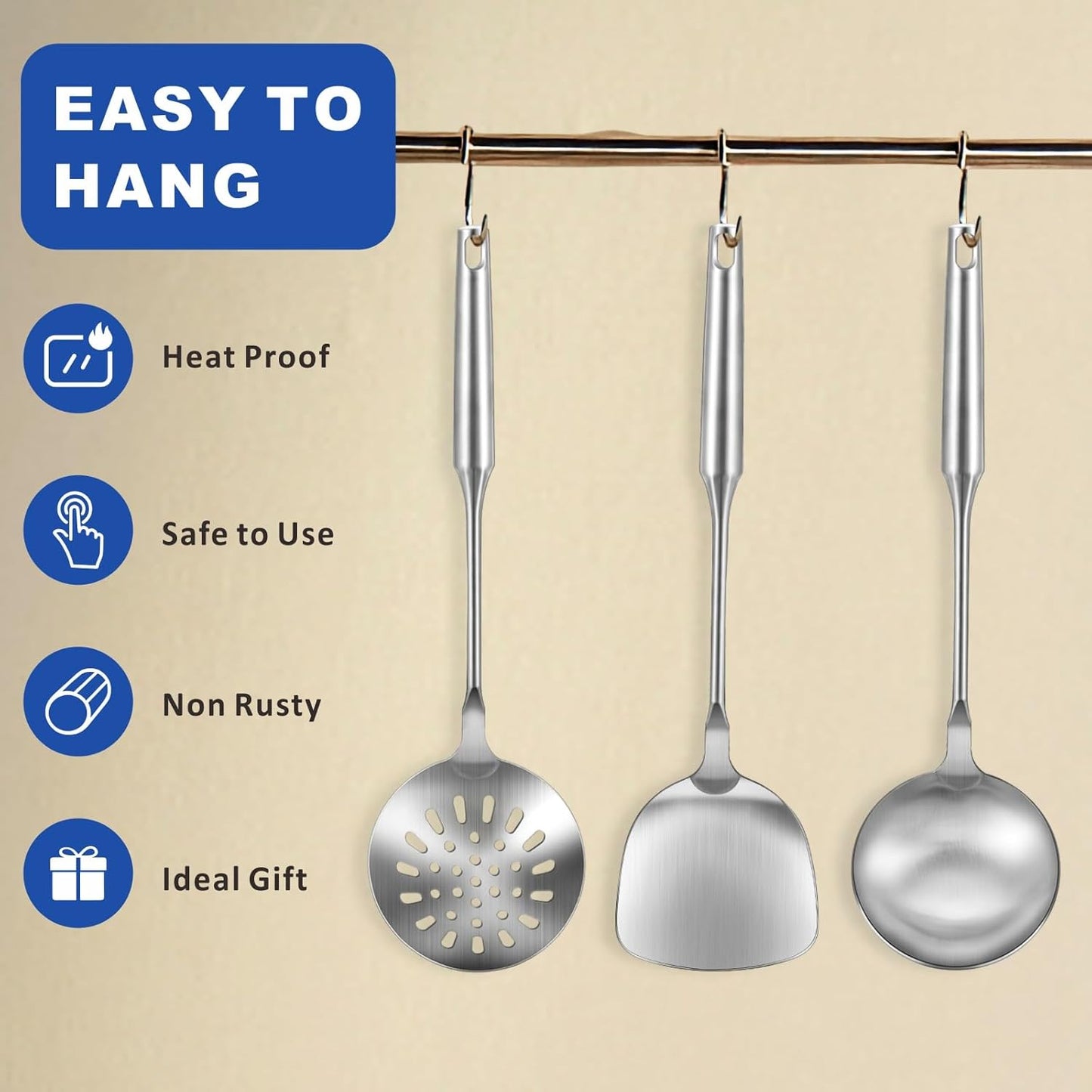 Wok Utensils Tools for Carbon Steel,Stainless Steel 3-Pieces Wok Spatula Set,Wok Tools Professional Set, Heat-Resistant Handle, Skimmer, Soup Ladle, Ideal for Gift