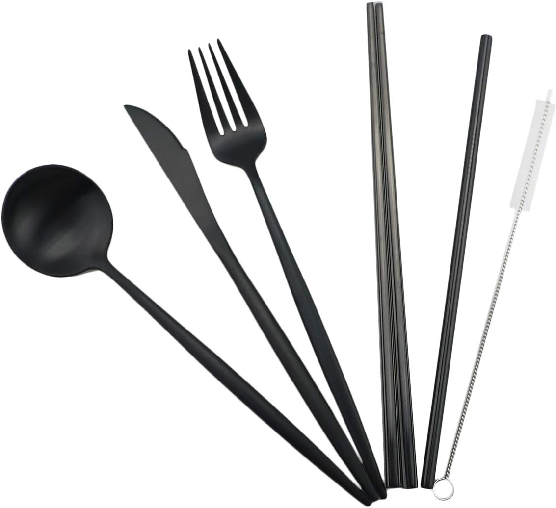 Gugrida Reusable Travel Utensils, 7 Piece Portable 304 Stainless Steel including Knife Fork Spoon Chopsticks Cleaning Brush Straws Portable Pouch, Eco-friendly Camping Silverware Set, Dishwasher Safe