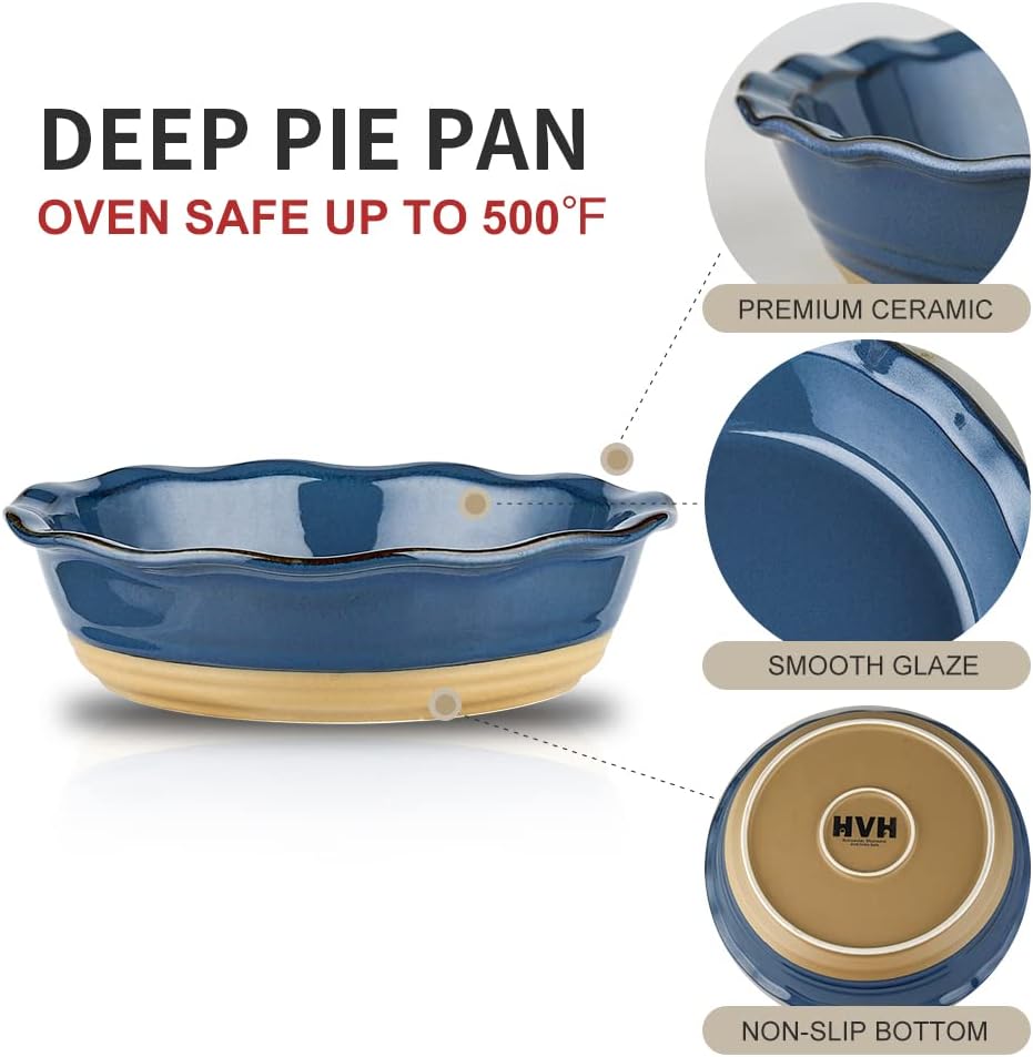 HVH 10 inch Pie Pan for Baking, Ceramic Pie Dish, Deep Dish Pie Plate for Dessert Kitchen, Deep Dish Pie Pan with Fluted Edge, Set of 2, Farmhouse Style (Blue)