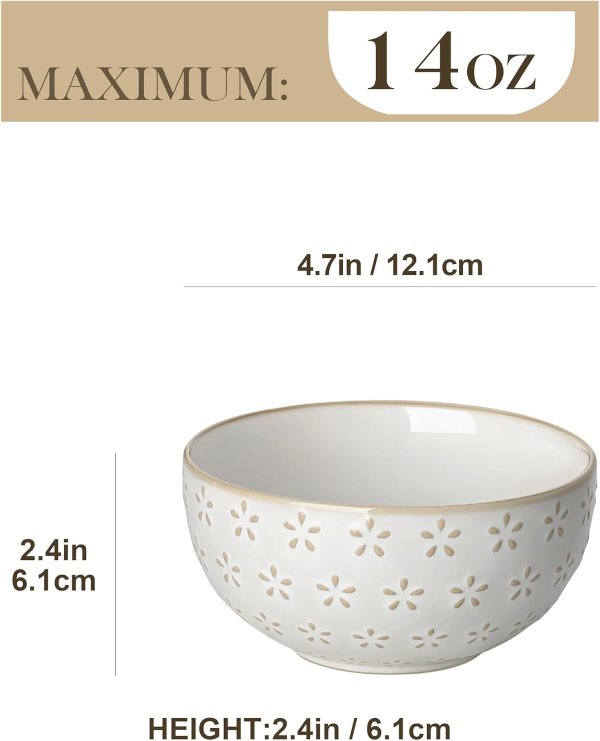 MALACASA Small Bowls, 14 Ounce Ice Cream Bowl, Stoneware Dessert Bowls Set of 4 with Embossment for Snack, Chip, Fruits, Side Dishes - 4.5 Inch, Arctic White Series LYDIA