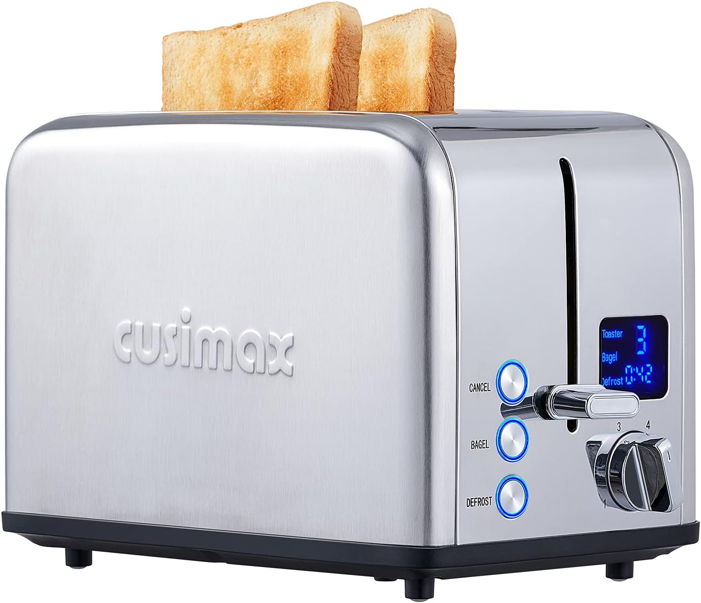 CUSIMAX Stainless Steel 2 Slice Toaster with LED Display, Extra-wide Slots, 6 Browning Settings, Cancel/Bagel/Defrost, Removable Crumb Tray, Silver